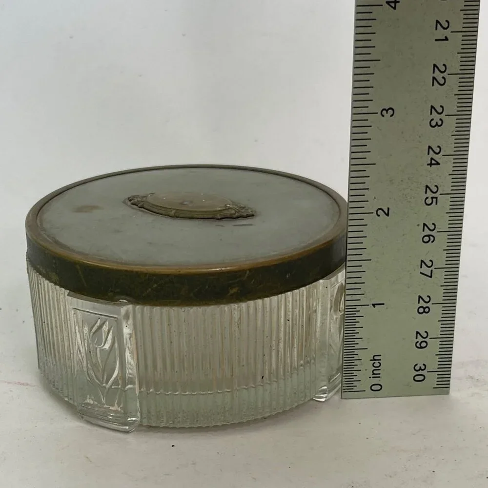 Vintage Cosmetic Trinket Jar MCM Glass Ribbed w/ Metal lid circa 1930's - 50's